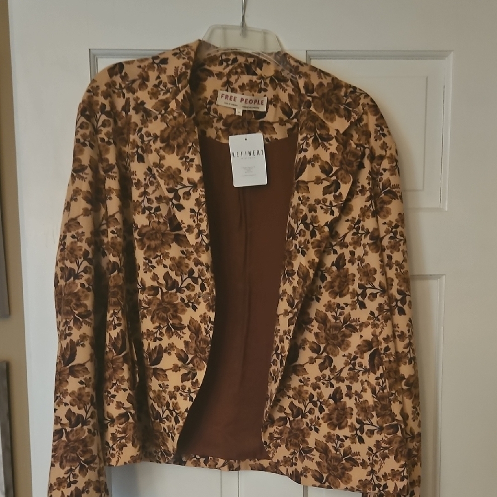 Free People Tan and Brown Floral Blazer